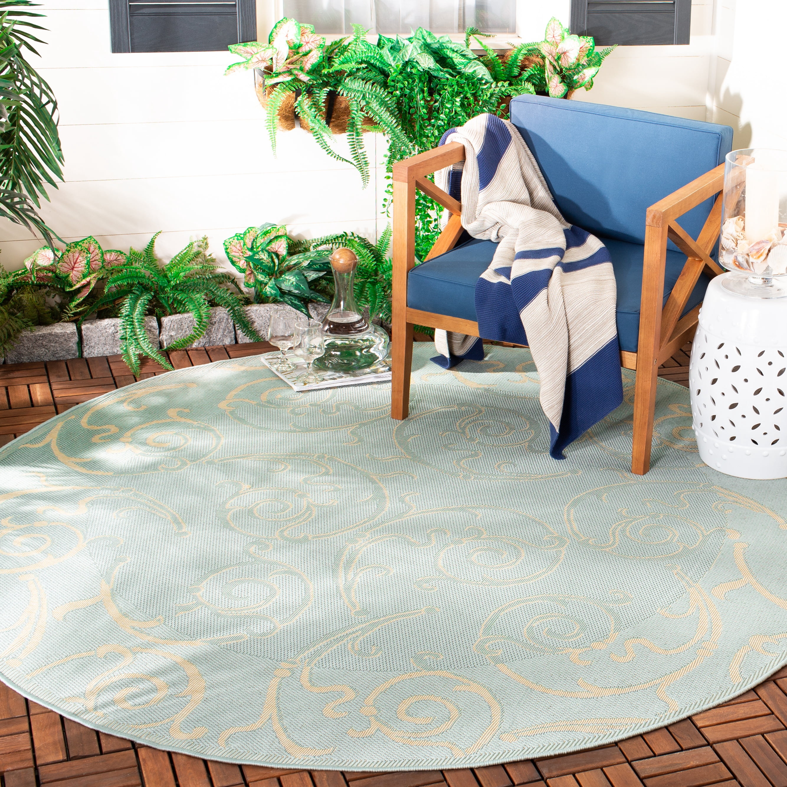 Safavieh Courtyard Caleb Botanical Indoor/Outdoor Area Rug, Aqua/Cream, 6'7" x 6'7" Round