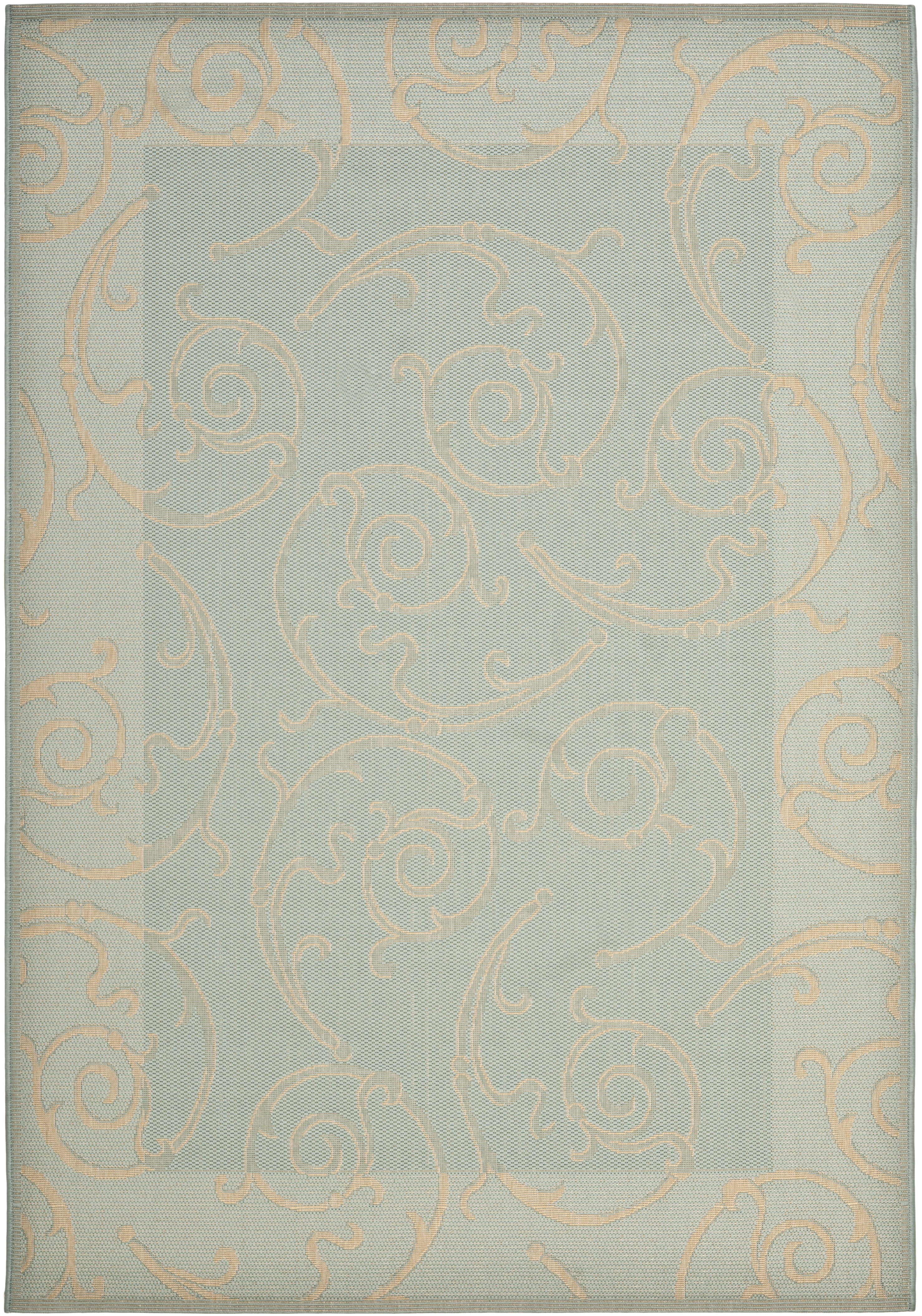 Aqua and Cream Baroque Print Outdoor Area Rug