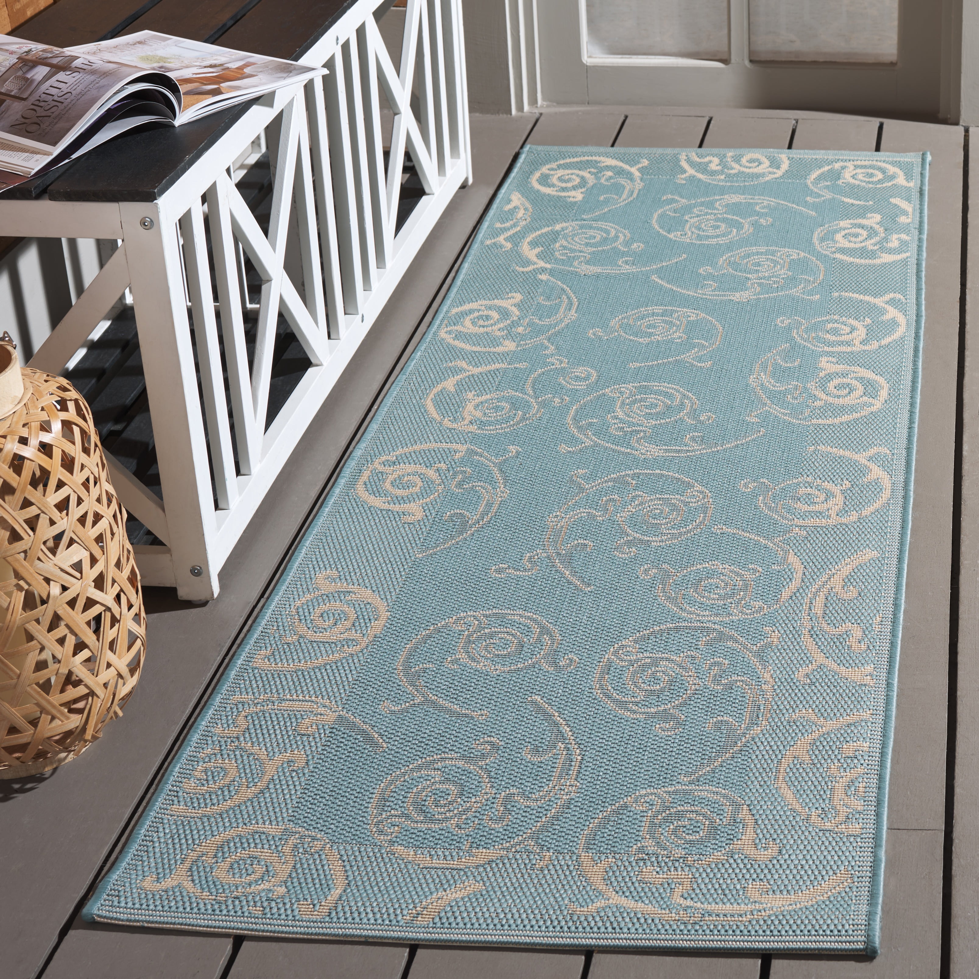 Safavieh Courtyard Caleb Botanical Indoor/Outdoor Runner Rug, Aqua/Cream, 2'3" x 10'