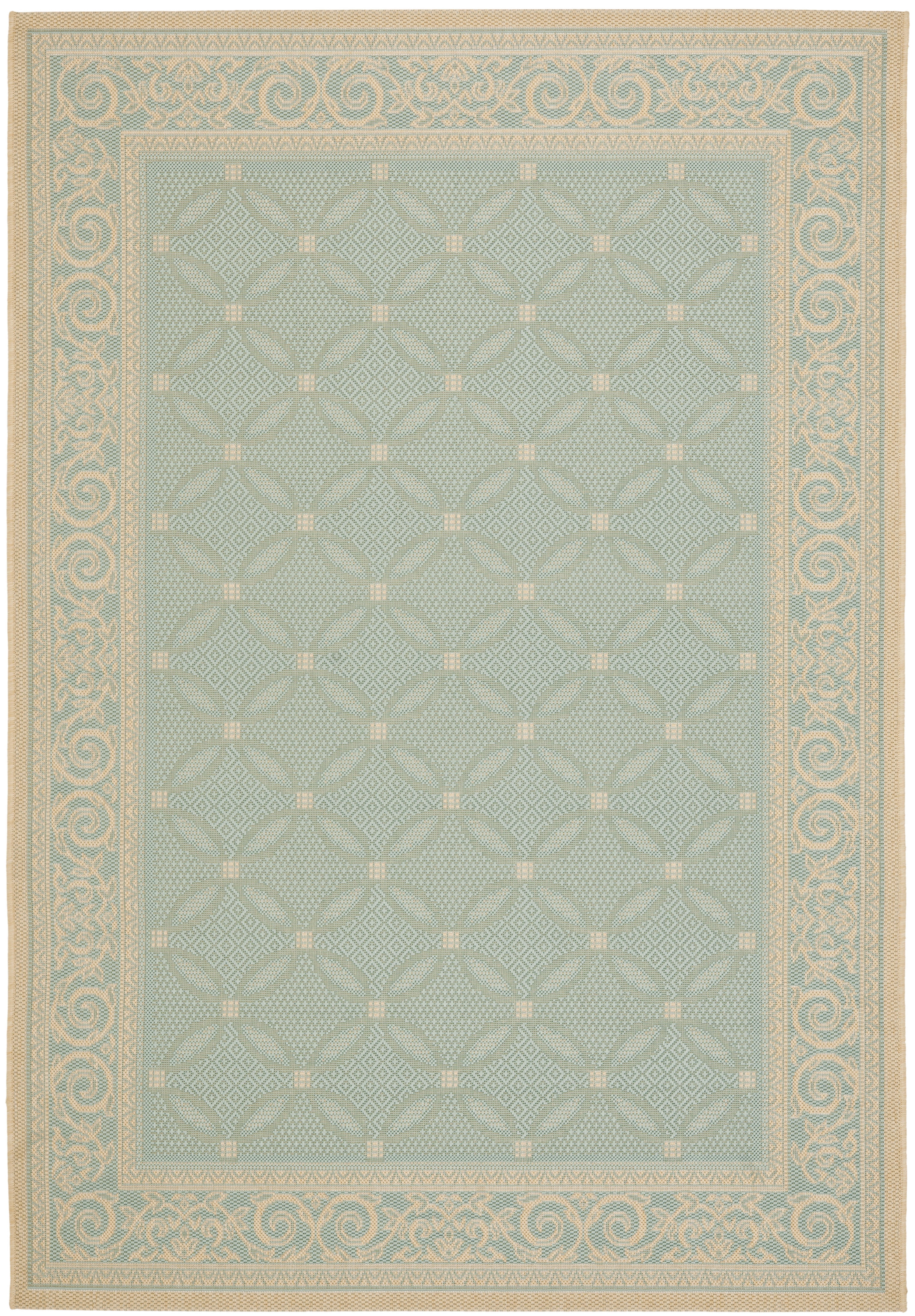 Aqua and Cream Baroque Print Rectangular Synthetic Area Rug