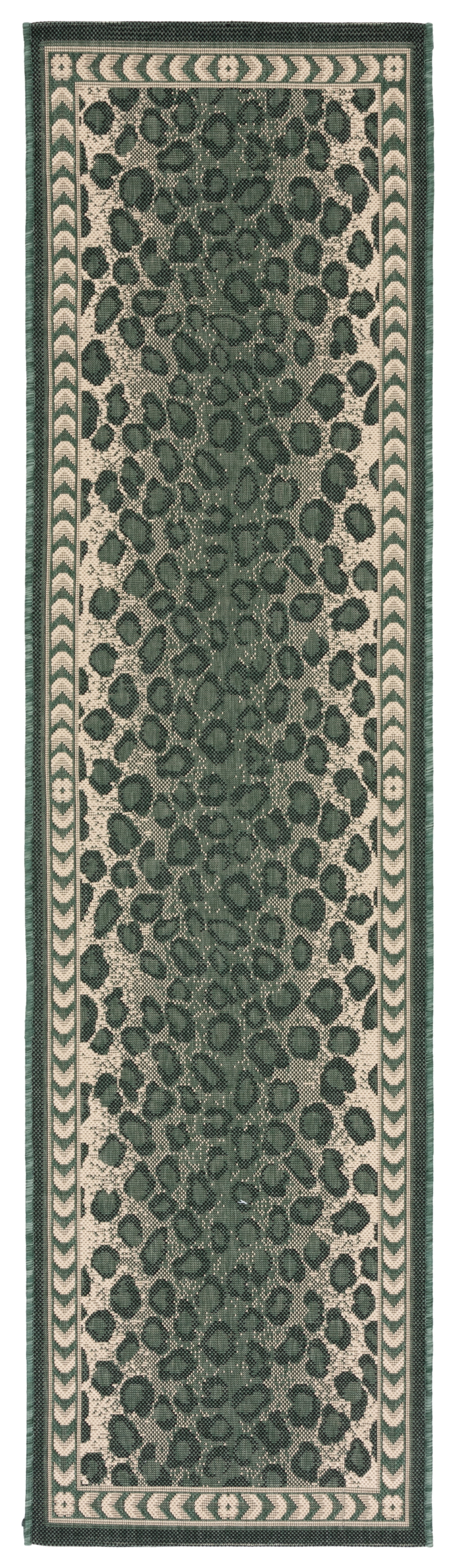 Dark Green and Ivory Leopard Print Runner Rug