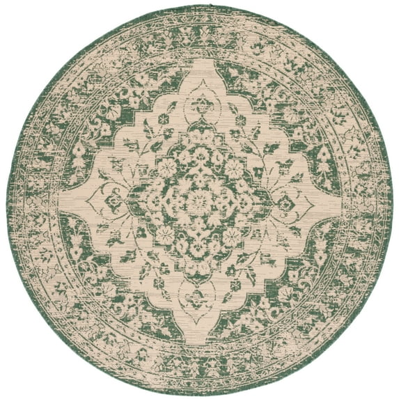 SAFAVIEH Courtyard Carleton Medallion Indoor/Outdoor Area Rug, Beige/Dark Green, 6'7" x 6'7" Round