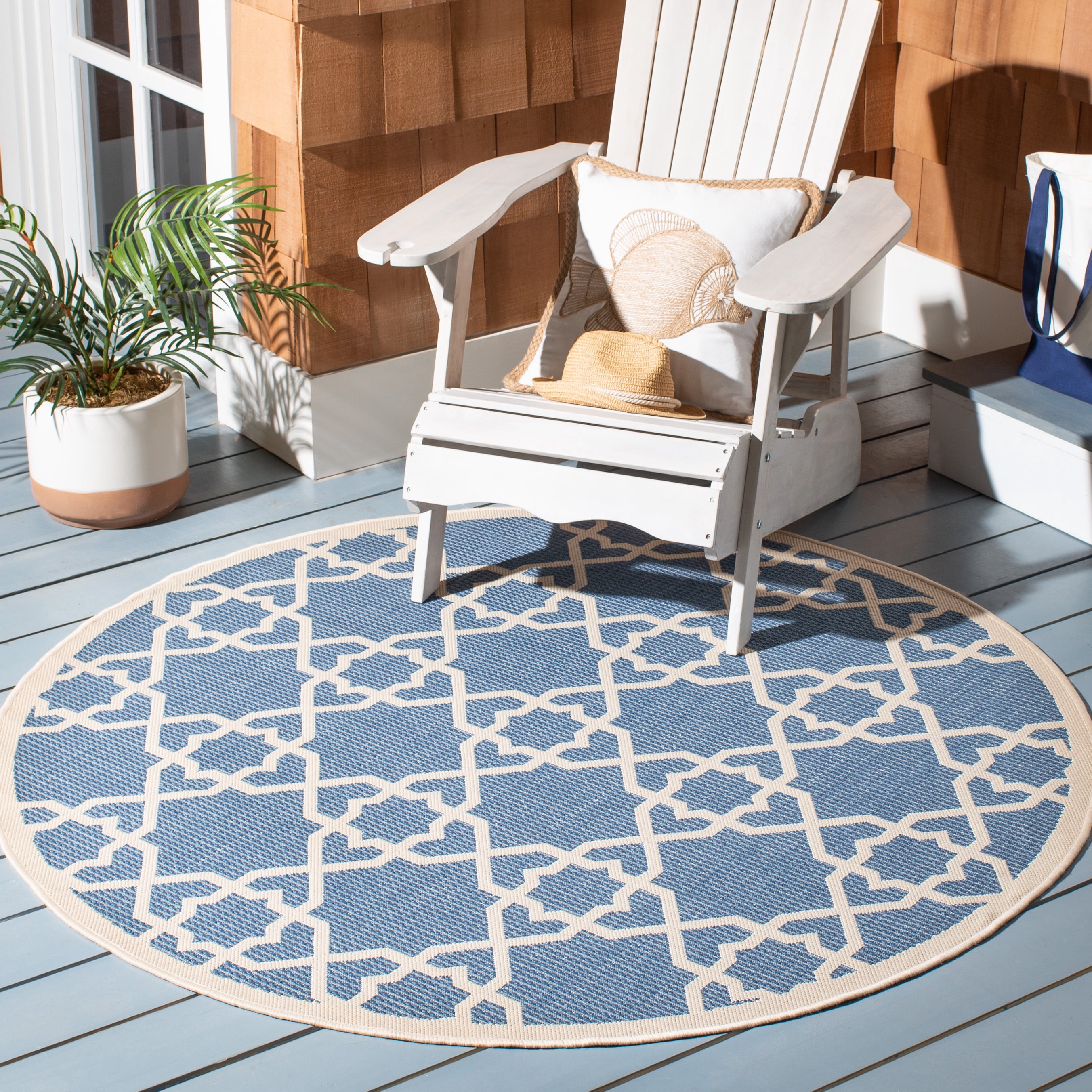 Safavieh Courtyard Carol Geometric Indoor/Outdoor Area Rug, Blue/Beige, 5'3" x 5'3" Round