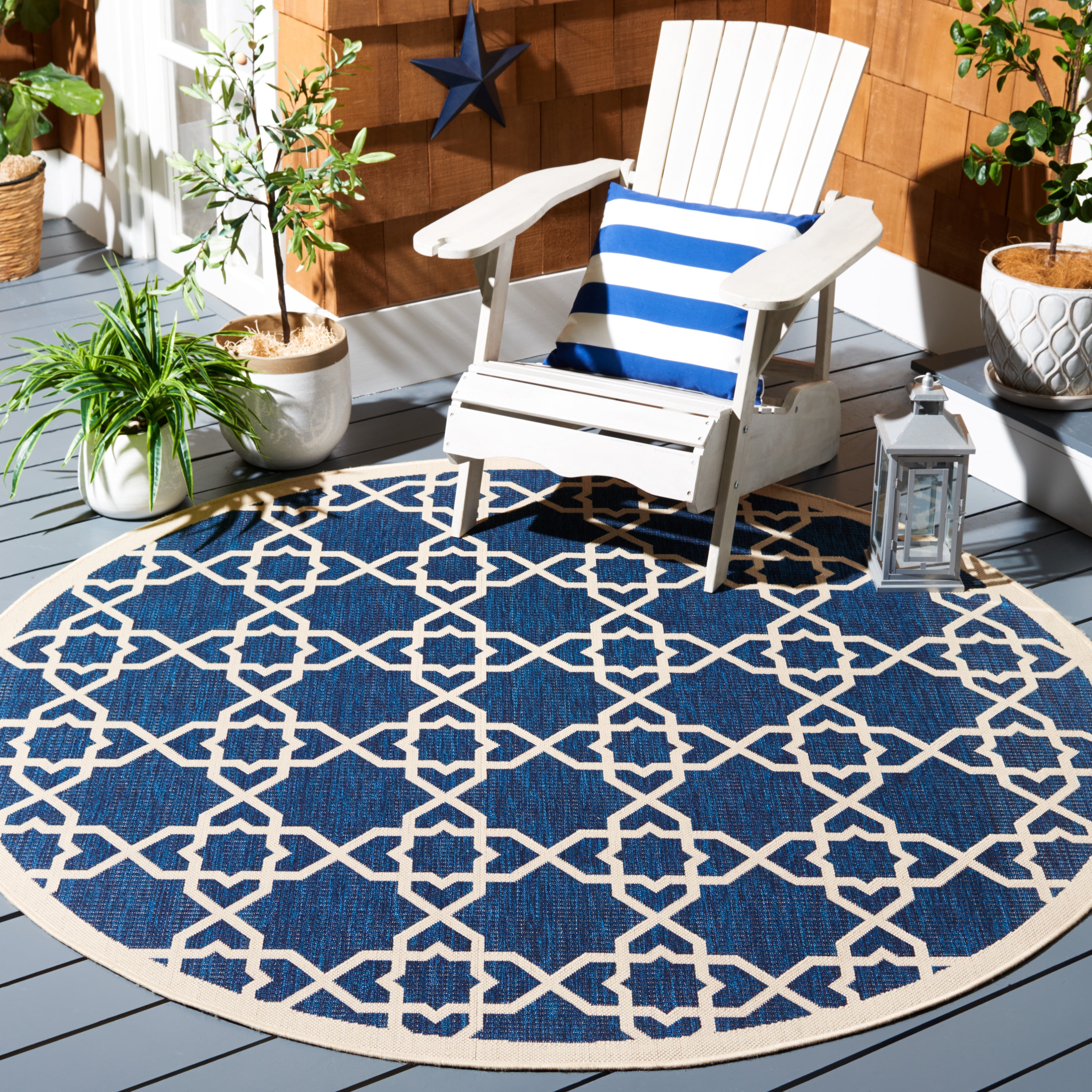 Safavieh Courtyard Carol Geometric Indoor/Outdoor Area Rug, Navy/Beige, 5'3" x 5'3" Round