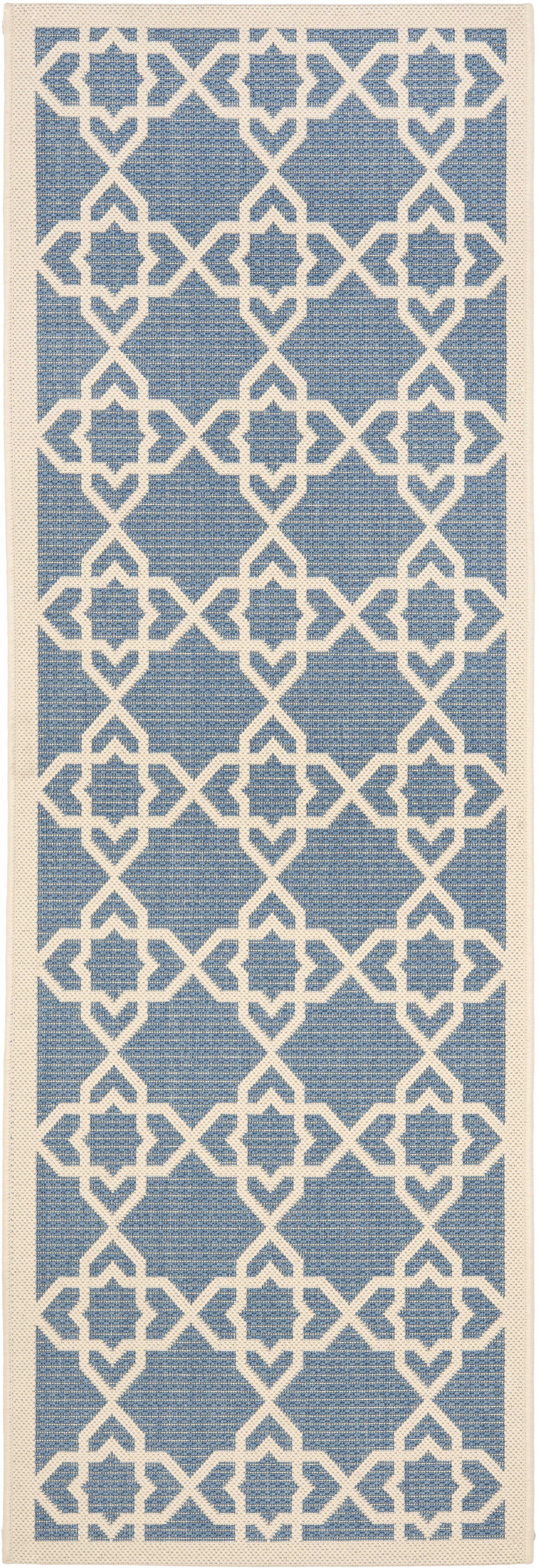 SAFAVIEH Courtyard Carol Geometric Indoor/Outdoor Runner Rug, 2'3" x 10', Blue/Beige