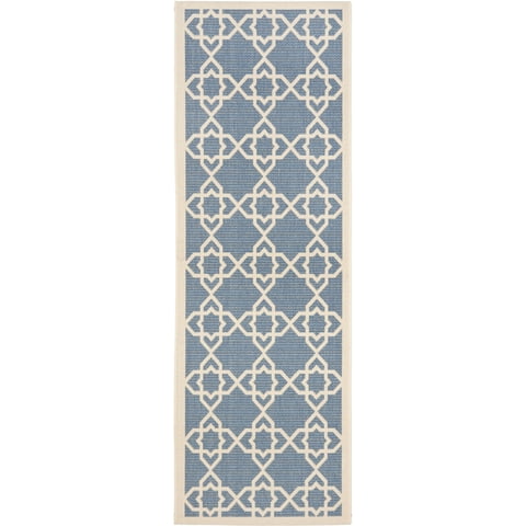 SAFAVIEH Courtyard Carol Geometric Indoor/Outdoor Runner Rug, 2'3" x 6'7", Blue/Beige