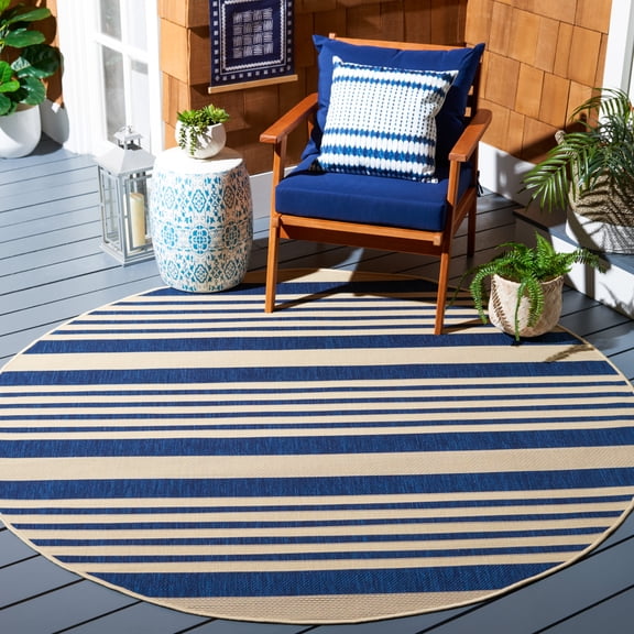 Safavieh Courtyard Caroline Striped Indoor/Outdoor Area Rug, Navy/Beige, 7'10" x 7'10" Round