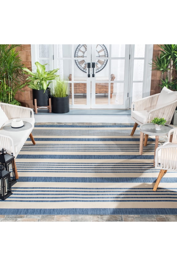 Courtyard Caroline Striped Indoor/Outdoor Area Rug, Beige/Blue, 8' x 10'