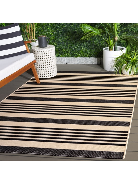 Courtyard Caroline Striped Indoor/Outdoor Area Rug, Black/Bone, 8' x 10'