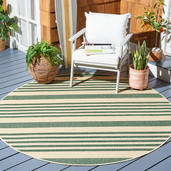 Safavieh Courtyard Caroline Striped Indoor/Outdoor Area Rug, Beige/Dark Green, 5'3" x 5'3" Round