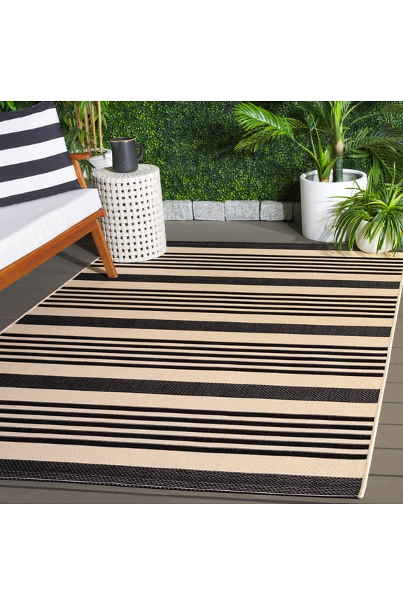 Courtyard Caroline Striped Indoor/Outdoor Area Rug, Black/Bone, 5'3" x 7'7"