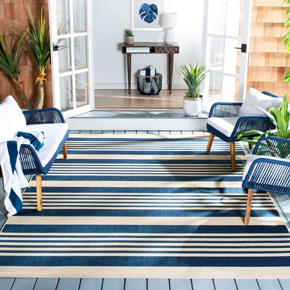 Safavieh Courtyard Caroline Striped Indoor/Outdoor Area Rug, Navy/Beige, 6'7" x 6'7" Square