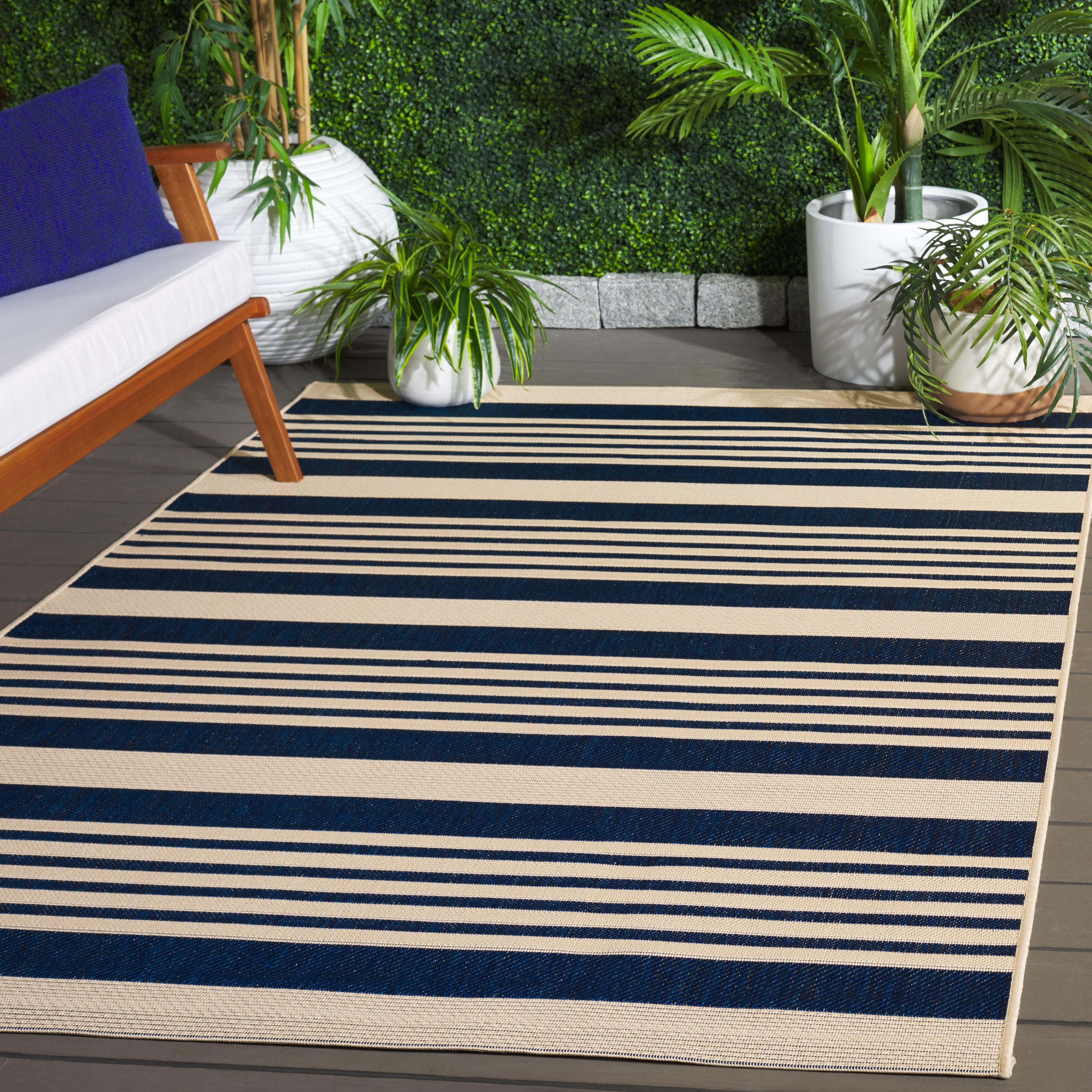 Safavieh Courtyard Caroline Striped Indoor/Outdoor Area Rug, Navy/Beige, 6' x 8'