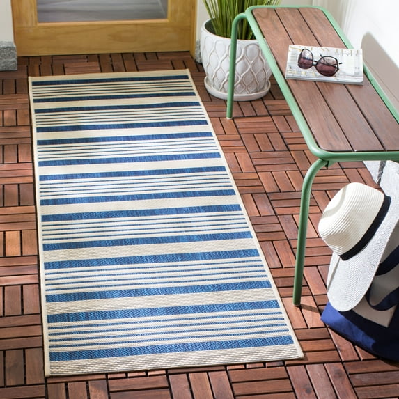 Safavieh Courtyard Caroline Striped Indoor/Outdoor Runner Rug, Navy/Beige, 2'3" x 12'