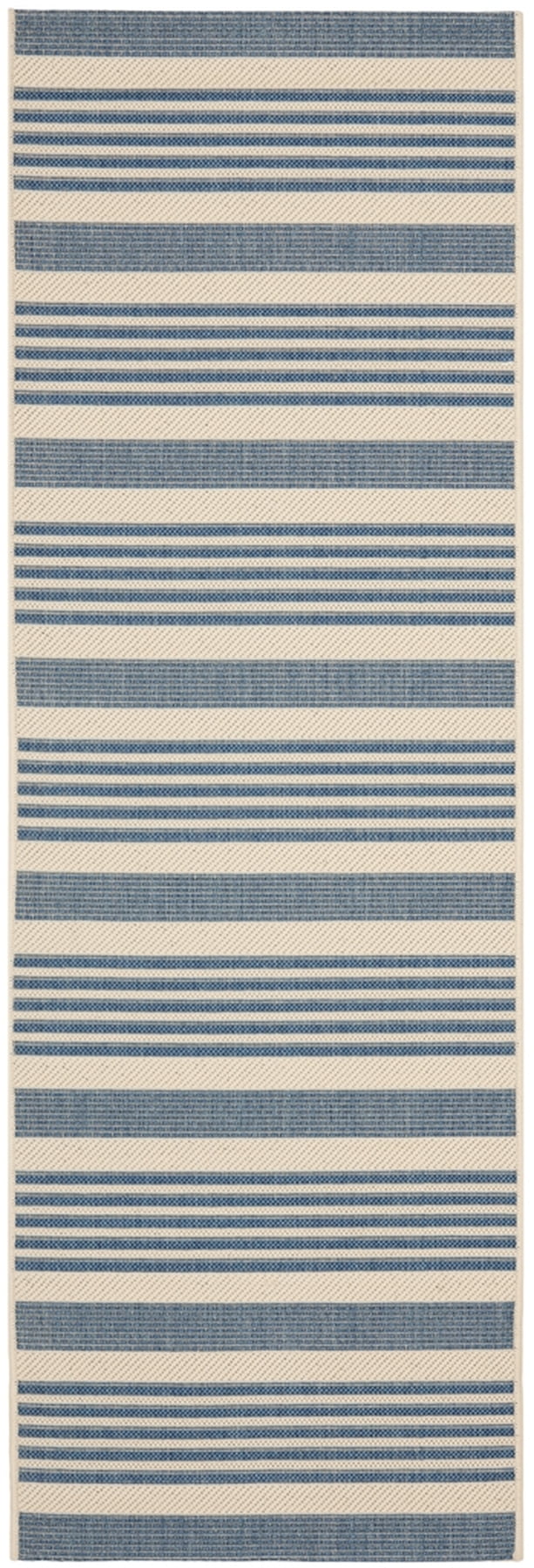 Beige and Blue Striped Synthetic Indoor/Outdoor Runner Rug, 27" x 18"
