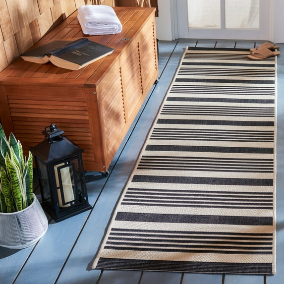 Safavieh Courtyard Caroline Striped Indoor/Outdoor Runner Rug, Black/Bone, 2'3" x 14'
