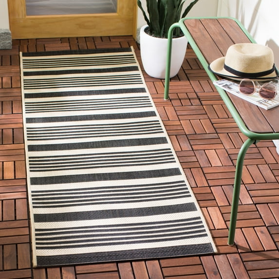 Safavieh Courtyard Caroline Striped Indoor/Outdoor Runner Rug, Black/Bone, 2'3" x 5'