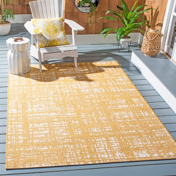 SAFAVIEH Courtyard Charlie Abstract Indoor/Outdoor Area Rug, Gold/Ivory, 5'3" x 7'7"