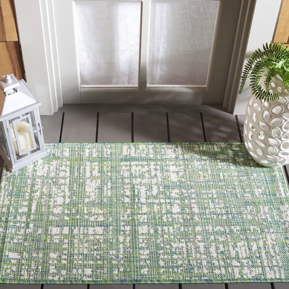 SAFAVIEH Courtyard Charlie Abstract Indoor/Outdoor Area Rug, Green Blue/Ivory, 2' x 3'7"