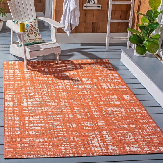 SAFAVIEH Courtyard Charlie Abstract Indoor/Outdoor Area Rug, Orange/Ivory, 9' x 12'
