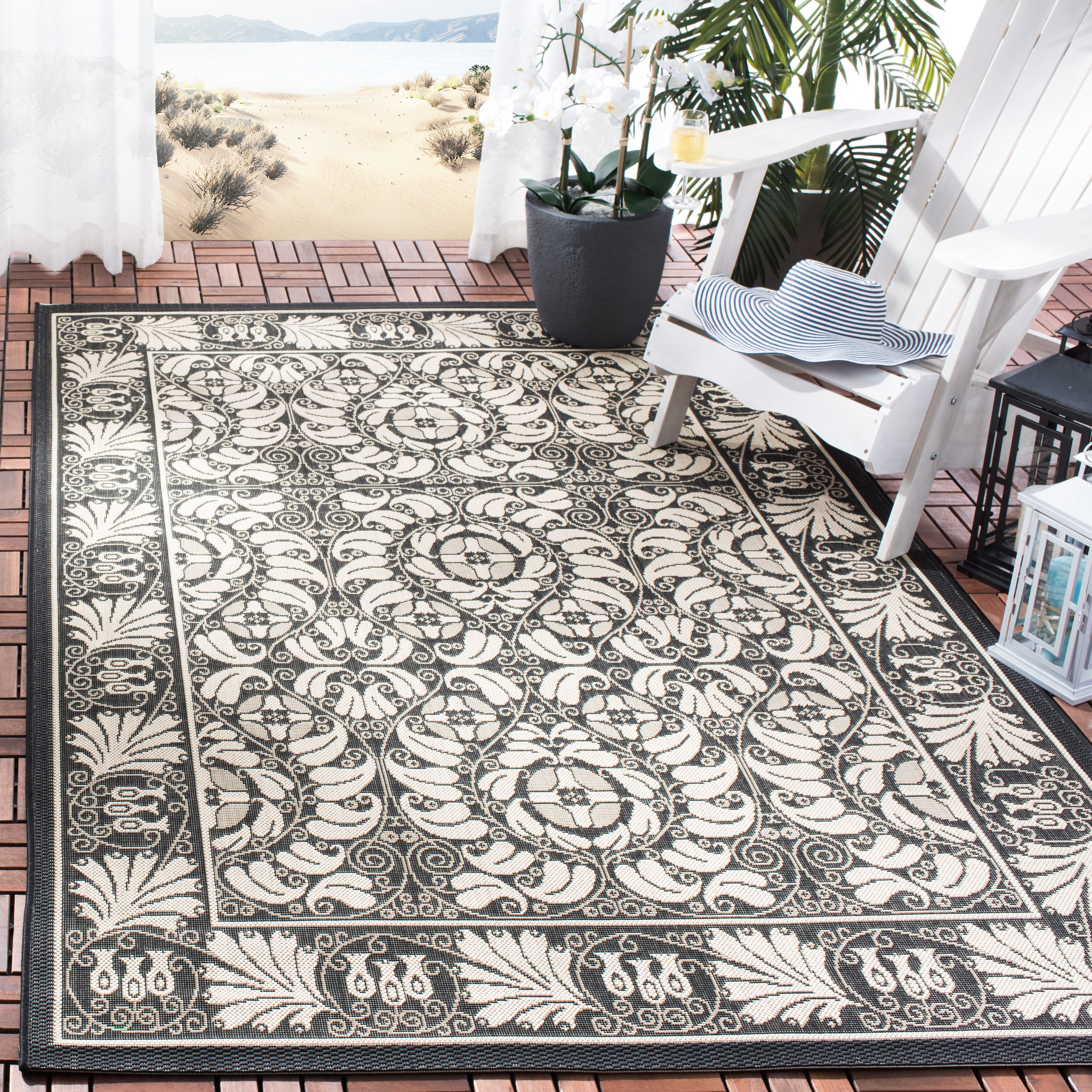 SAFAVIEH Courtyard Charlotte Bordered Indoor/Outdoor Area Rug, Black/Sand, 5'3" x 7'7"