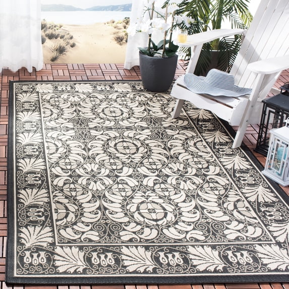 SAFAVIEH Courtyard Charlotte Bordered Indoor/Outdoor Area Rug, Black/Sand, 5'3" x 7'7"