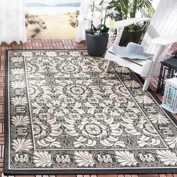SAFAVIEH Courtyard Charlotte Bordered Indoor/Outdoor Area Rug, Black/Sand, 5'3" x 7'7"