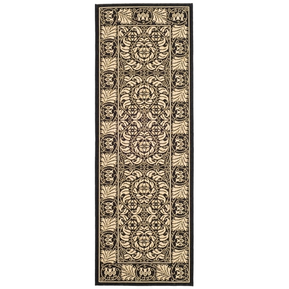 SAFAVIEH Courtyard Charlotte Bordered Indoor/Outdoor Runner Rug, Black/Sand, 2'3" x 6'7"
