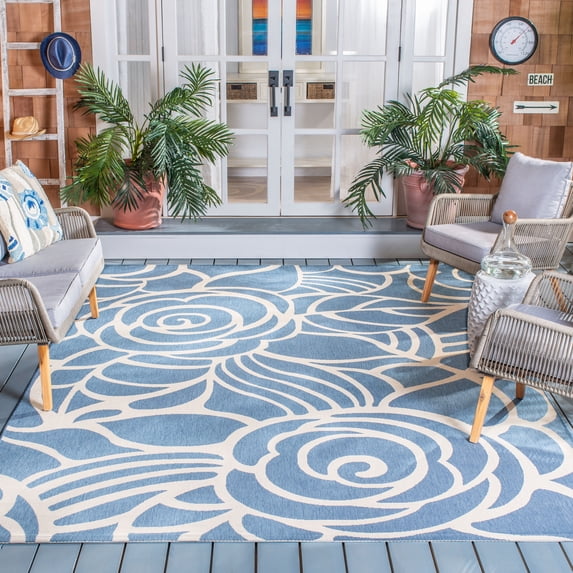 SAFAVIEH Courtyard Chester Floral Indoor/Outdoor Area Rug, Blue/Beige, 8' x 11'