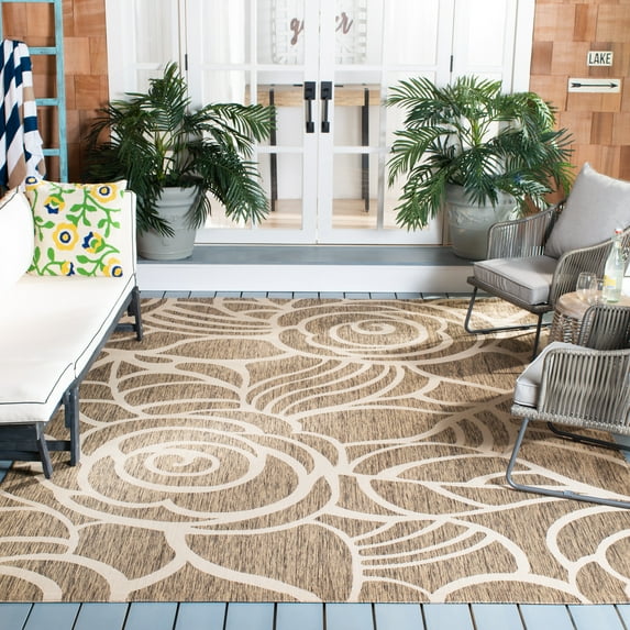 SAFAVIEH Courtyard Chester Floral Indoor/Outdoor Area Rug, Coffee/Sand, 7'10" x 7'10" Square