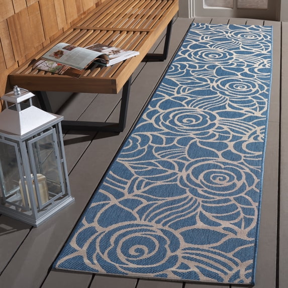 SAFAVIEH Courtyard Chester Floral Indoor/Outdoor Runner Rug, 2'4" x 14', Blue/Beige
