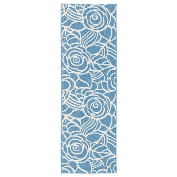 SAFAVIEH Courtyard Chester Floral Indoor/Outdoor Runner Rug, 2'7" x 8'2", Blue/Beige