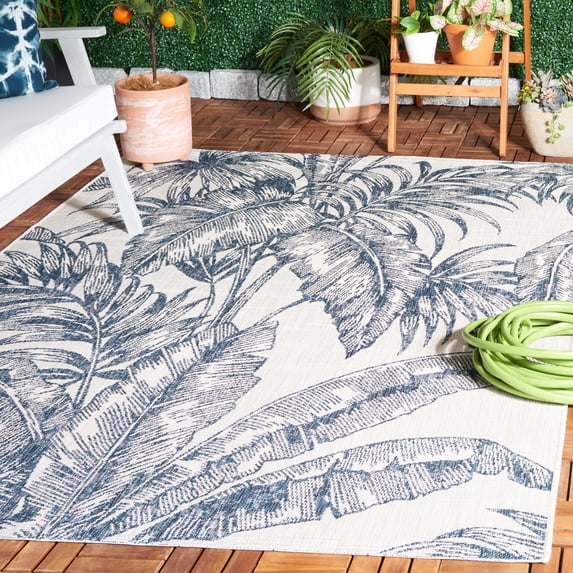SAFAVIEH Courtyard Chloe Botanical Indoor/Outdoor Area Rug, Ivory/Navy, 5'3" x 7'7"