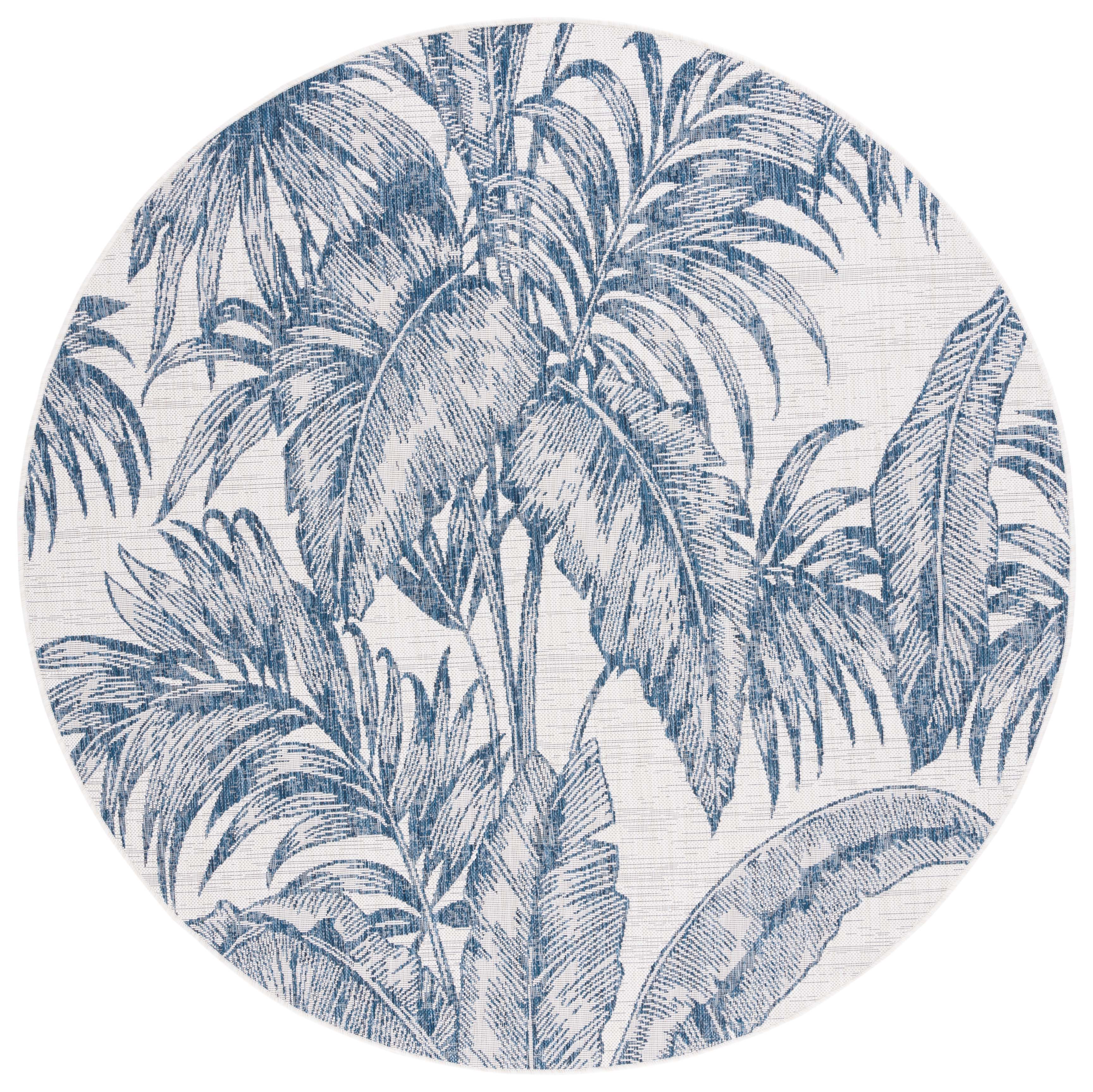 SAFAVIEH Courtyard Chloe Botanical Indoor/Outdoor Area Rug, Ivory/Navy, 6'7" x 6'7" Round