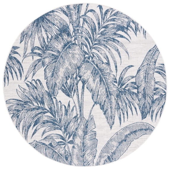 SAFAVIEH Courtyard Chloe Botanical Indoor/Outdoor Area Rug, Ivory/Navy, 6'7" x 6'7" Round