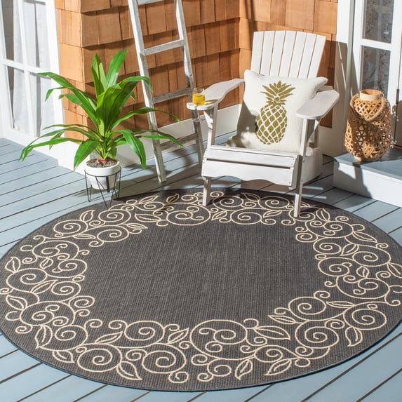 SAFAVIEH Courtyard Chole Bordered Indoor/Outdoor Area Rug, Black/Beige, 6'7" x 6'7" Round