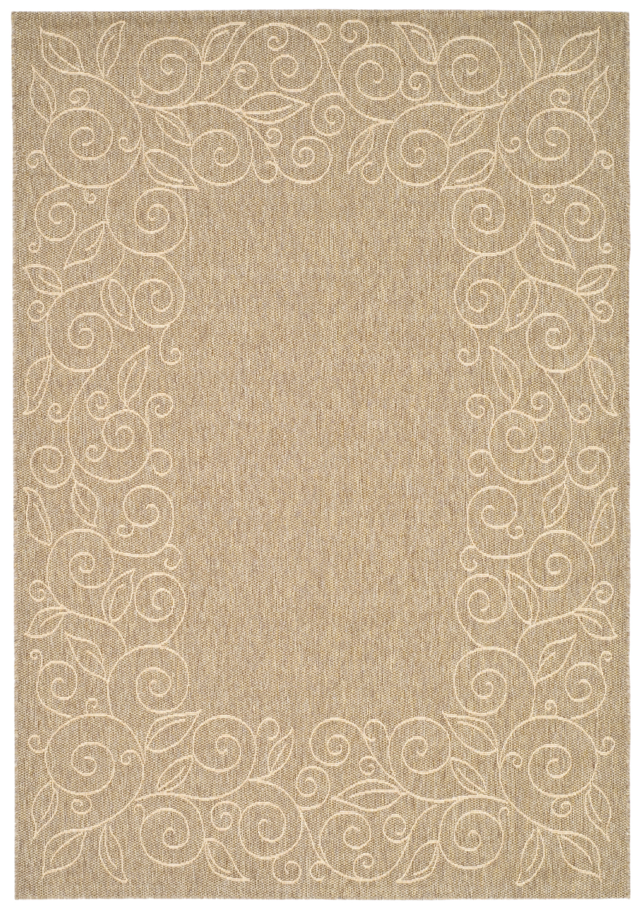 Dark Beige Floral Border Synthetic Outdoor Area Rug