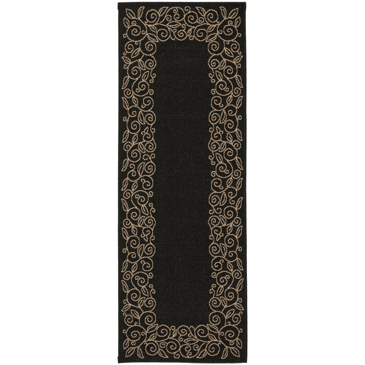 Black and Beige Floral Border Indoor/Outdoor Runner Rug