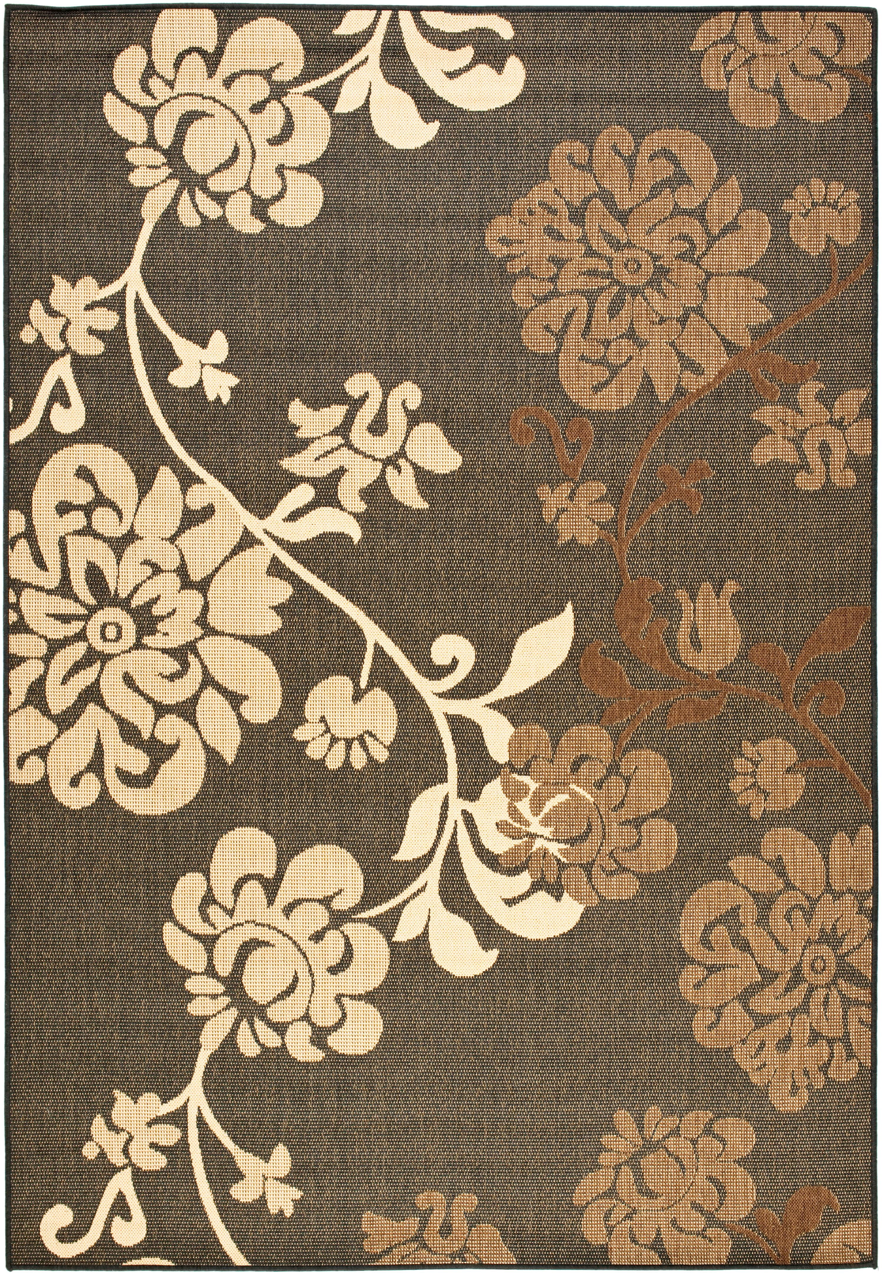 Black and Brown Floral Rectangular Synthetic Indoor/Outdoor Rug