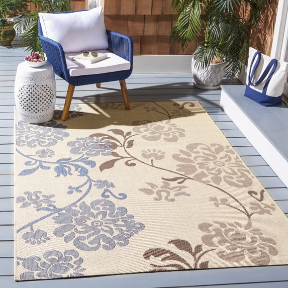 SAFAVIEH Courtyard Cindy Floral Indoor/Outdoor Area Rug, 5'3" x 7'7", Natural Brown/Blue