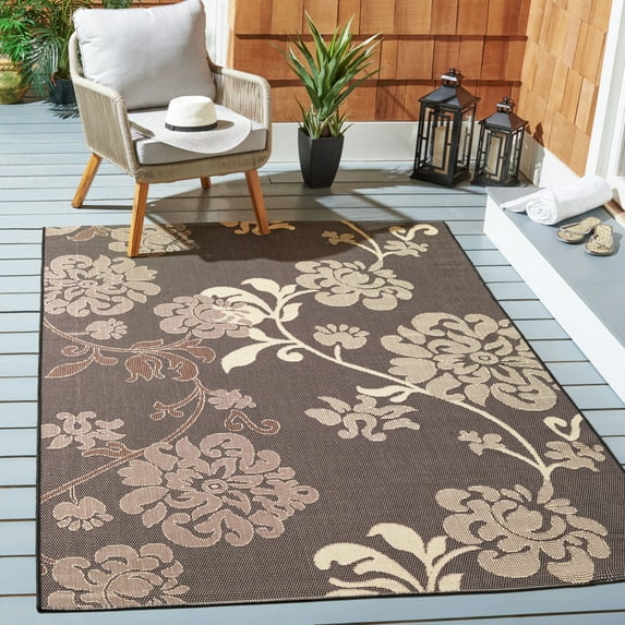 SAFAVIEH Courtyard Cindy Floral Indoor/Outdoor Area Rug, 6'7" x 9'6", Black Natural/Brown