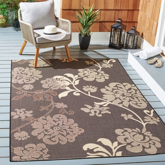 SAFAVIEH Courtyard Cindy Floral Indoor/Outdoor Area Rug, Black Natural/Brown, 4' x 5'7"