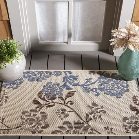 SAFAVIEH Courtyard Cindy Floral Indoor/Outdoor Area Rug, Natural Brown/Blue, 2' x 3'7"