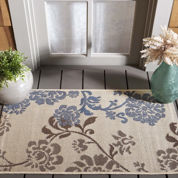 SAFAVIEH Courtyard Cindy Floral Indoor/Outdoor Area Rug, Natural Brown/Blue, 2' x 3'7"