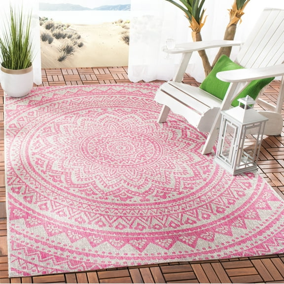 SAFAVIEH Courtyard Circin Medallion Indoor/Outdoor Area Rug, Light Grey/Fuchsia, 5'3" x 7'6"