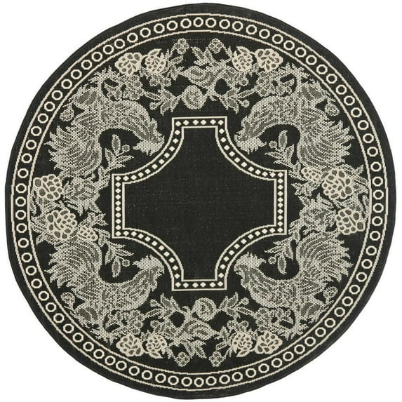 SAFAVIEH Courtyard Claire Oriental Indoor/Outdoor Area Rug, Black/Sand, 5'3" x 5'3" Round