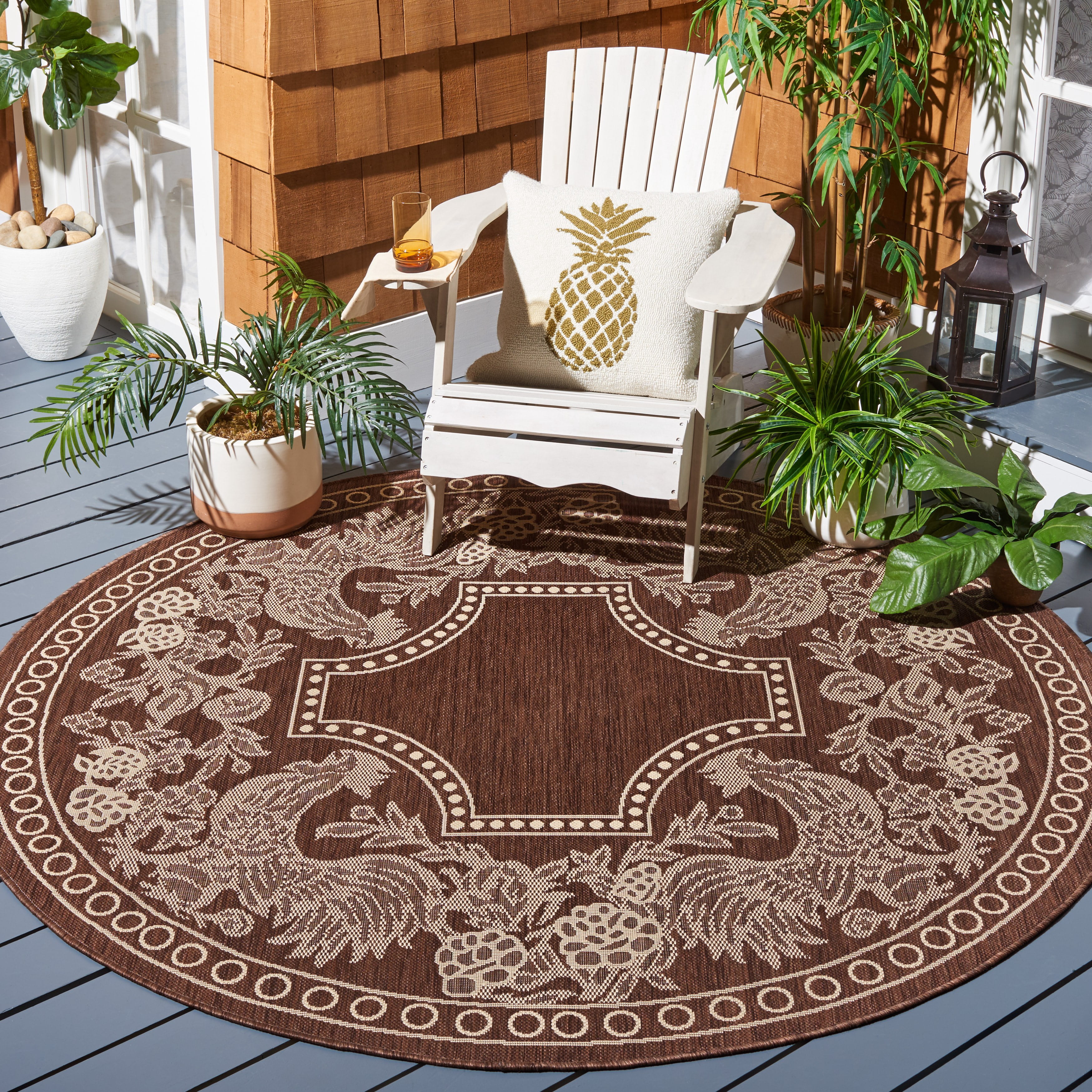 SAFAVIEH Courtyard Claire Rooster Indoor/Outdoor Area Rug, 5'3" x 5'3" Round, Chocolate/Natural