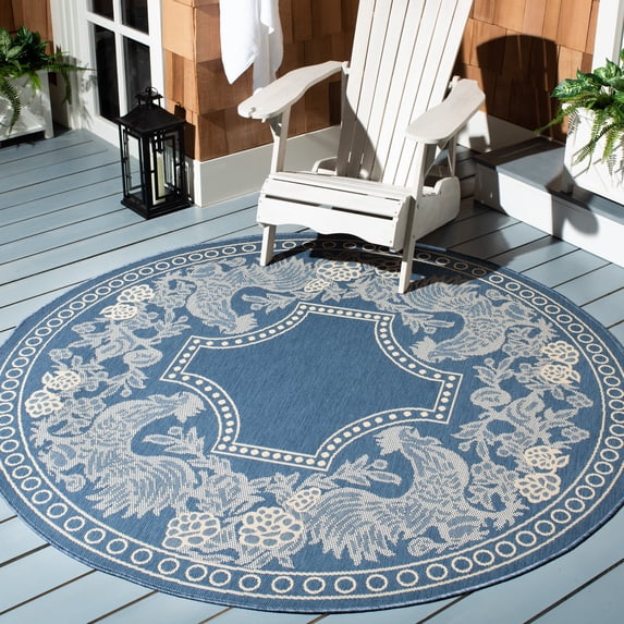 SAFAVIEH Courtyard Claire Rooster Indoor/Outdoor Area Rug, 6'7" x 6'7" Round, Blue/Natural
