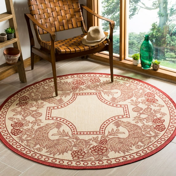 SAFAVIEH Courtyard Claire Rooster Indoor/Outdoor Area Rug, 6'7" x 6'7" Round, Natural/Red