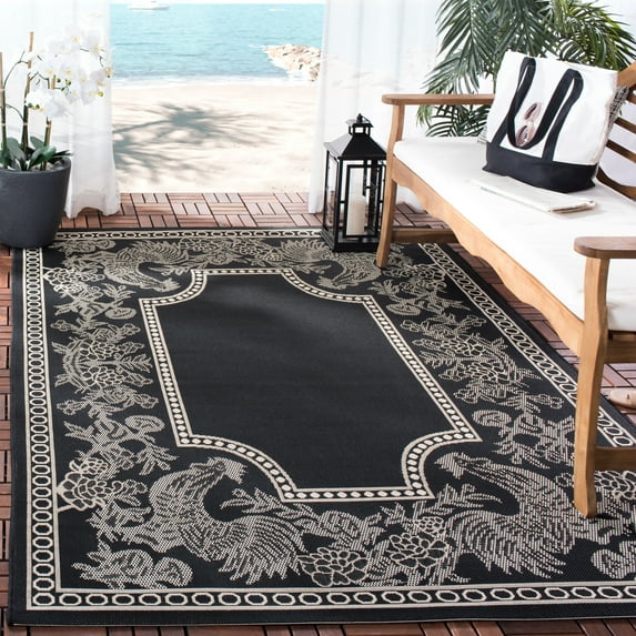 SAFAVIEH Courtyard Claire Rooster Indoor/Outdoor Area Rug, 6'7" x 6'7" Square, Black/Sand